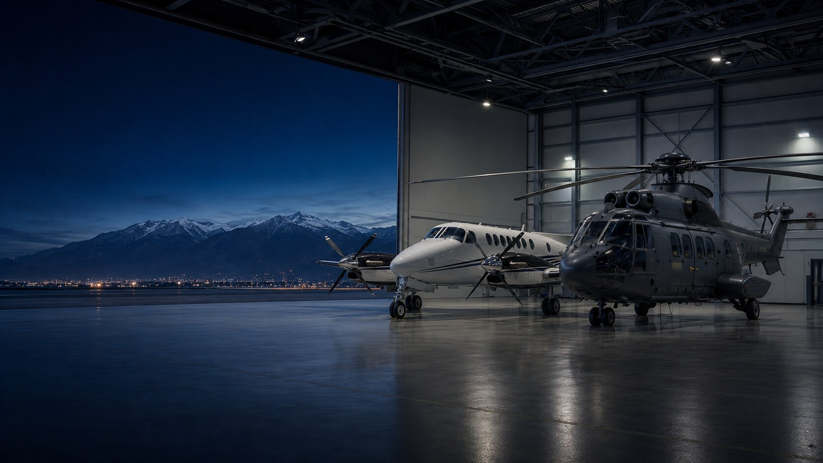 Beechcraft King Air B200 and Super Puma helicopter prepared inside an operational hangar with the snow-capped Andes beyond.